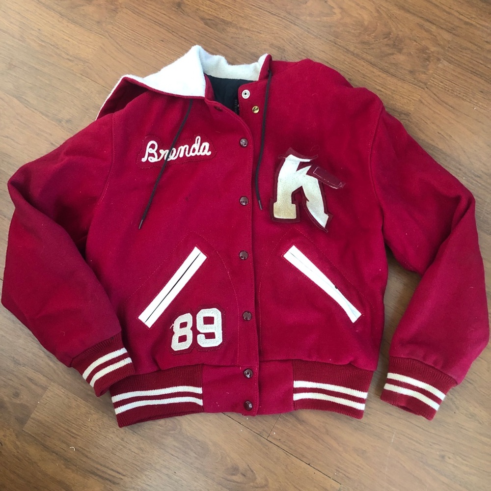 Vintage Girls Letterman Band Varsity Jacket School Grunge Red Wool Preppy 38